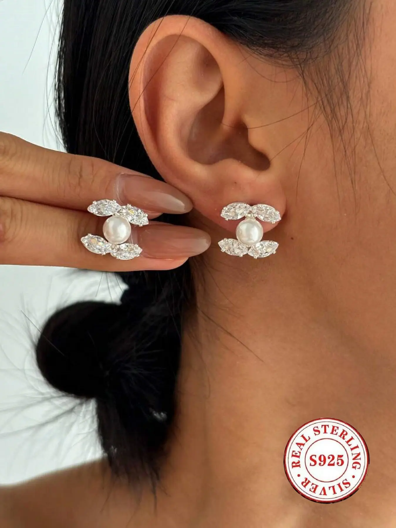 S925 Sterling Silver Pearl Accents & Marquise Cut Cubic Zirconia Stud Earrings, Hypoallergenic, Wedding Earrings — Elegant Bridal Suitable & Daily Wear Jewelry, Perfect Jewelry Gift for Her, Sparkle, Sparkling Ear Jewelry, Shining Earrings