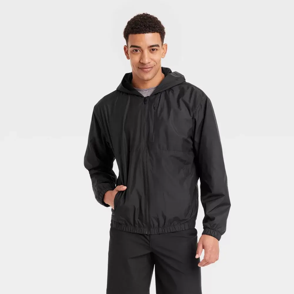 Men's Windbreaker Coat, Hoodie-Style Garment with Functional Pocket and Durable Fabric - All In Motion, Coats, Polyester