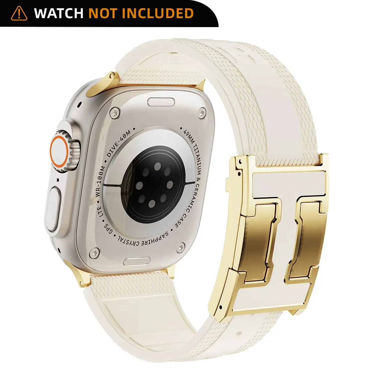 CrazyGrass Silicone Watch Band Cream White Textured with Gold Metal Magnetic Buckle For Apple Watch Ultra 3 Series 11 10 9 8 7 SE 46/45/44/49mm Heavy Duty Luxury Sport Replacement Strap for Men [ WATCH NOT INCLUDED]