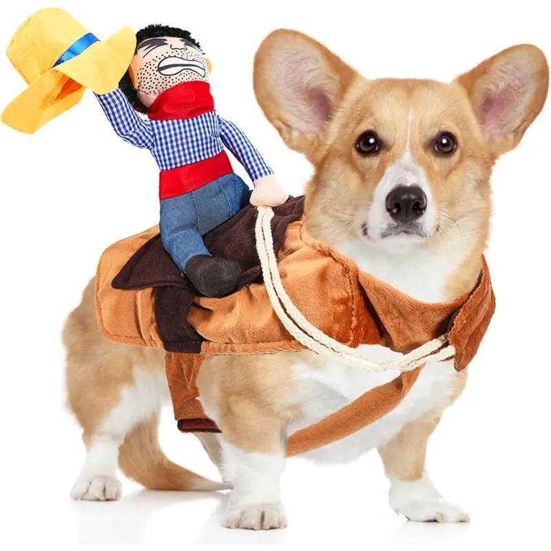 Funny Cowboy Rider Dog Costume Halloween Pet Outfit with Doll Saddle Adjustable Strap Cosplay Apparel for Small Medium Large Dogs Party Dress Up