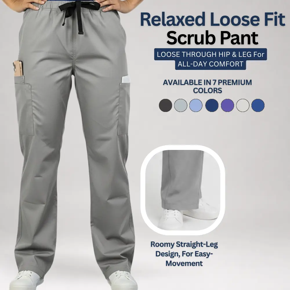 HEEDFIT Men's Premium Unisex Plain Cotton Blend Scrub Pants - Loose Fit Workwear Uniform, Soft Breathable Drawstring Waist, Multi-Pockets for Nurses