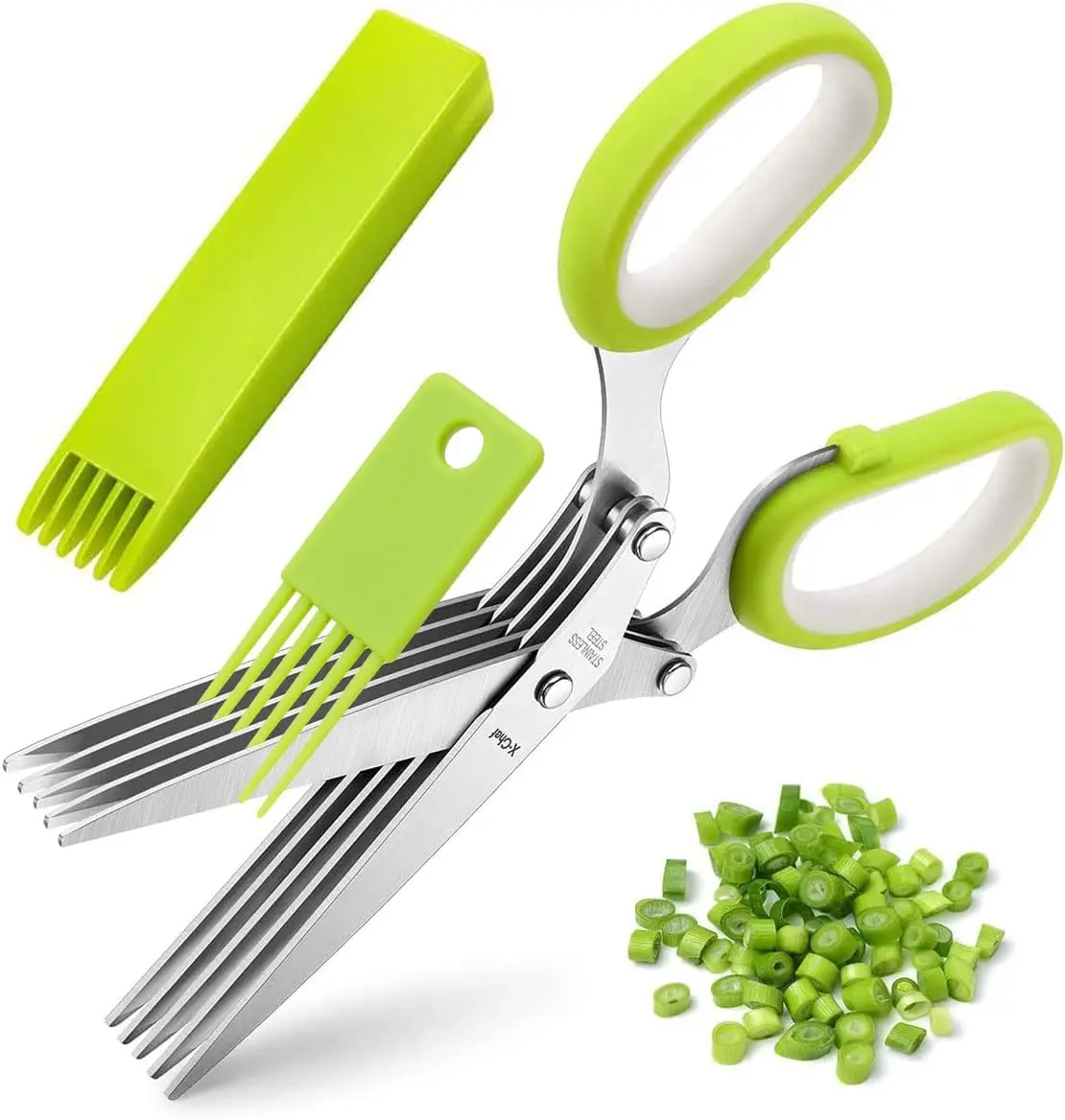 Stainless Steel 5-Blade Scallion Cutter Scissors, Multi-Layer Sharp Kitchen Herb Shears with Safe PP Handle, Easy-to-Clean Multipurpose Tool for Chopping Chives, Cilantro, Home Cooking, Five Blades