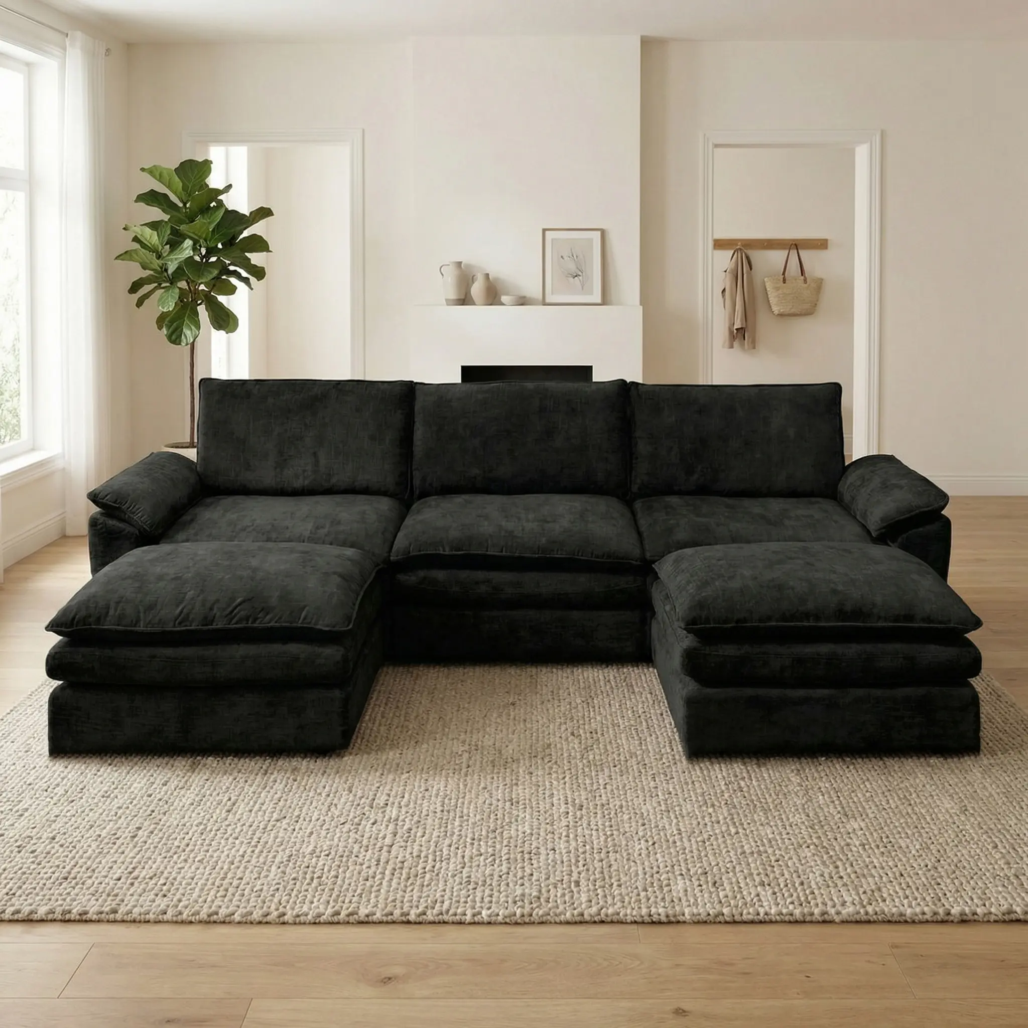 118" Modular Sectional Sofa, Comfy Cloud Couch with Ottoman, Chenille Sofa Sleeper Deep Seat Sofa with Throw Pillows for Living Room