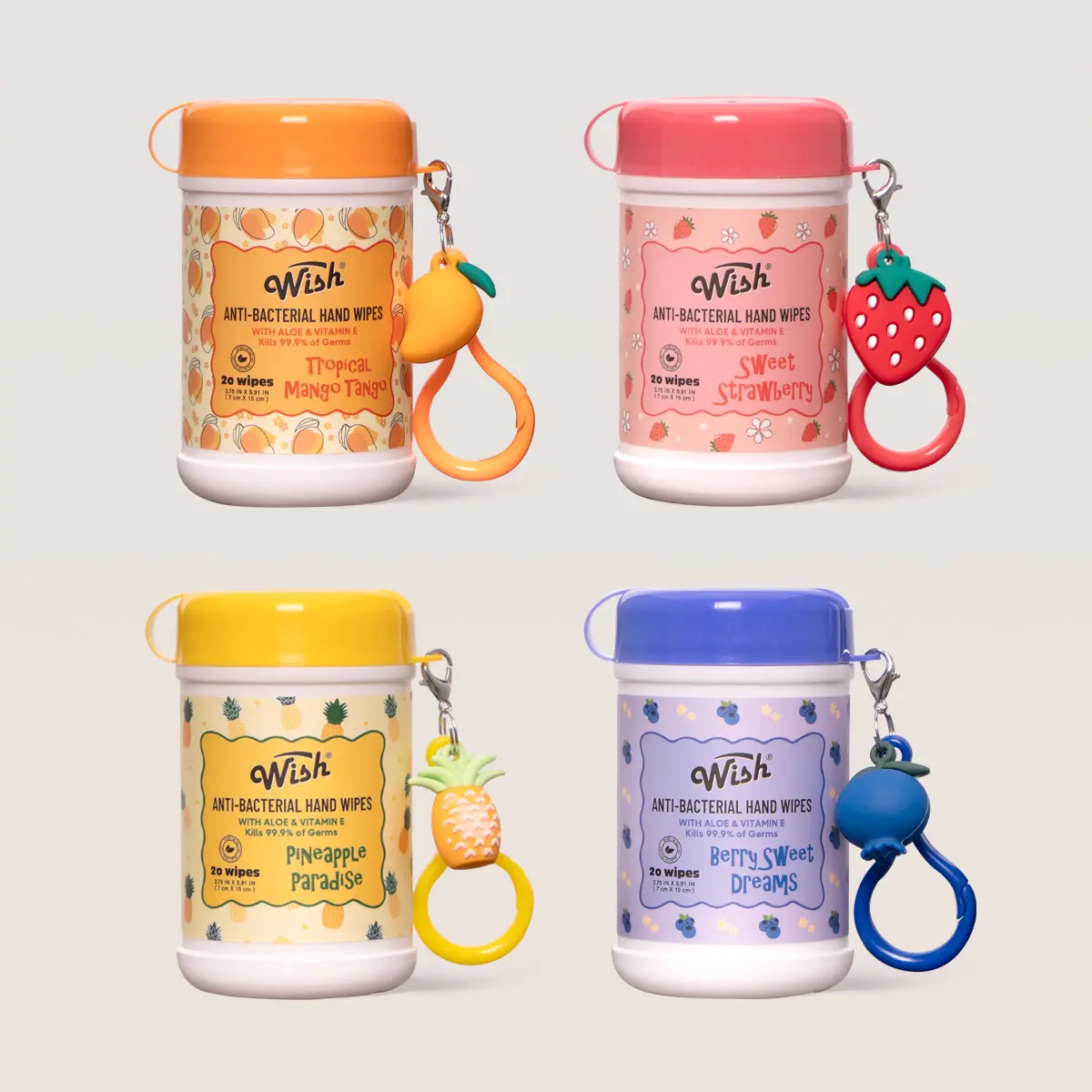 Wish Anti-Bacterial Hand Wipes with Fruit Charms | 4-Scent Variety Pack | Travel Wet Wipes Travel Size Kids Sanitizing Wipes - Fruity Fresh 4-Pack (20ct each)	