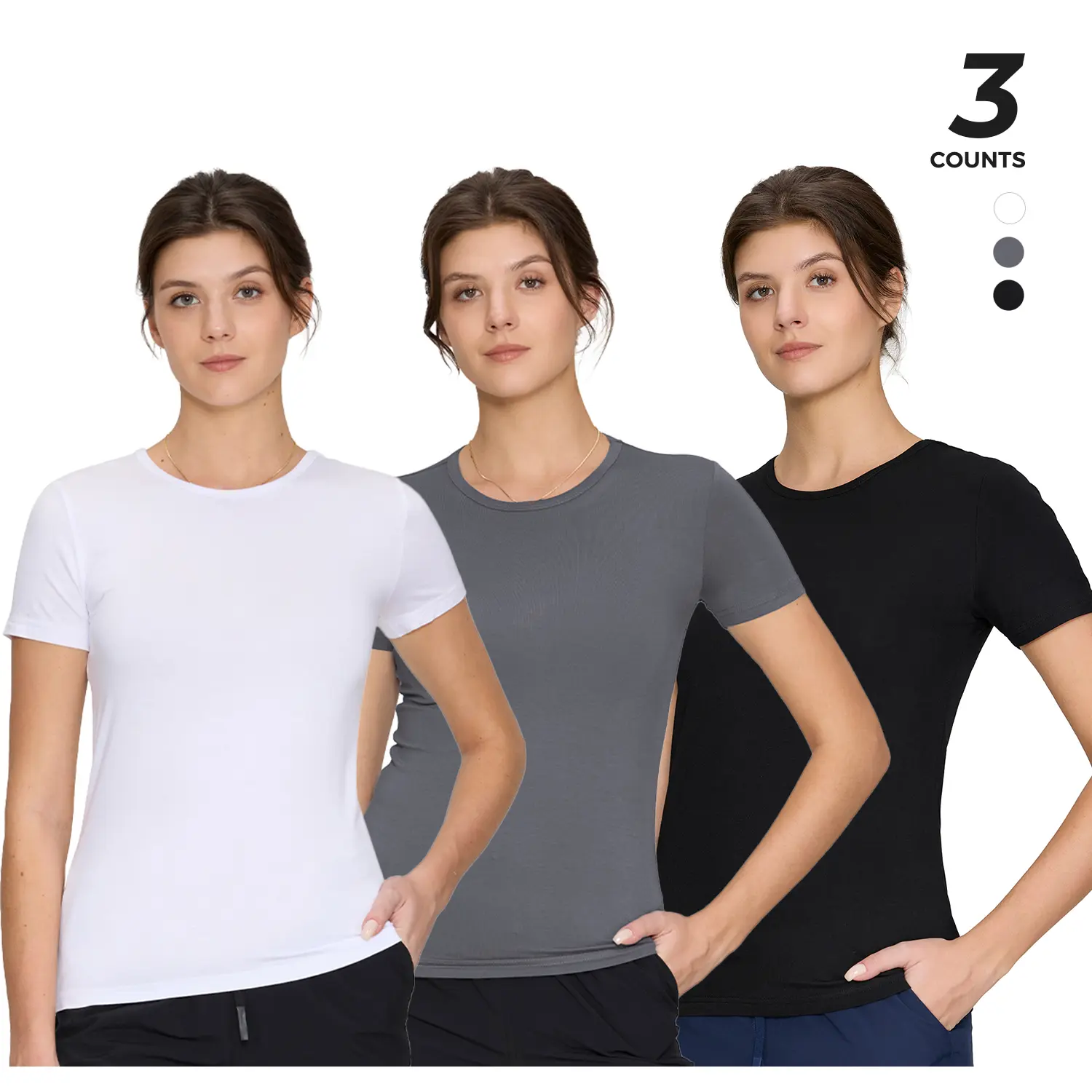3-Pack Underscrub Short Sleeve Women - White, Black, Grey - Round Neck Scrubs Undershirt Soft Stretch T-Shirt Summer Everyday Fit