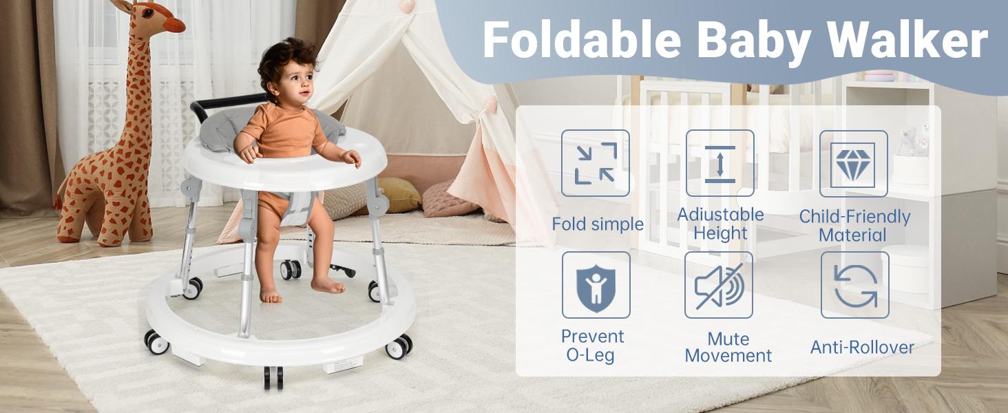 Baby Walker Foldable with 9 Adjustable Heights, 6-12 Months  Baby Walkers, with Wheels Portable Anti-Rollover,Rolling portable design,DealsForYouDays