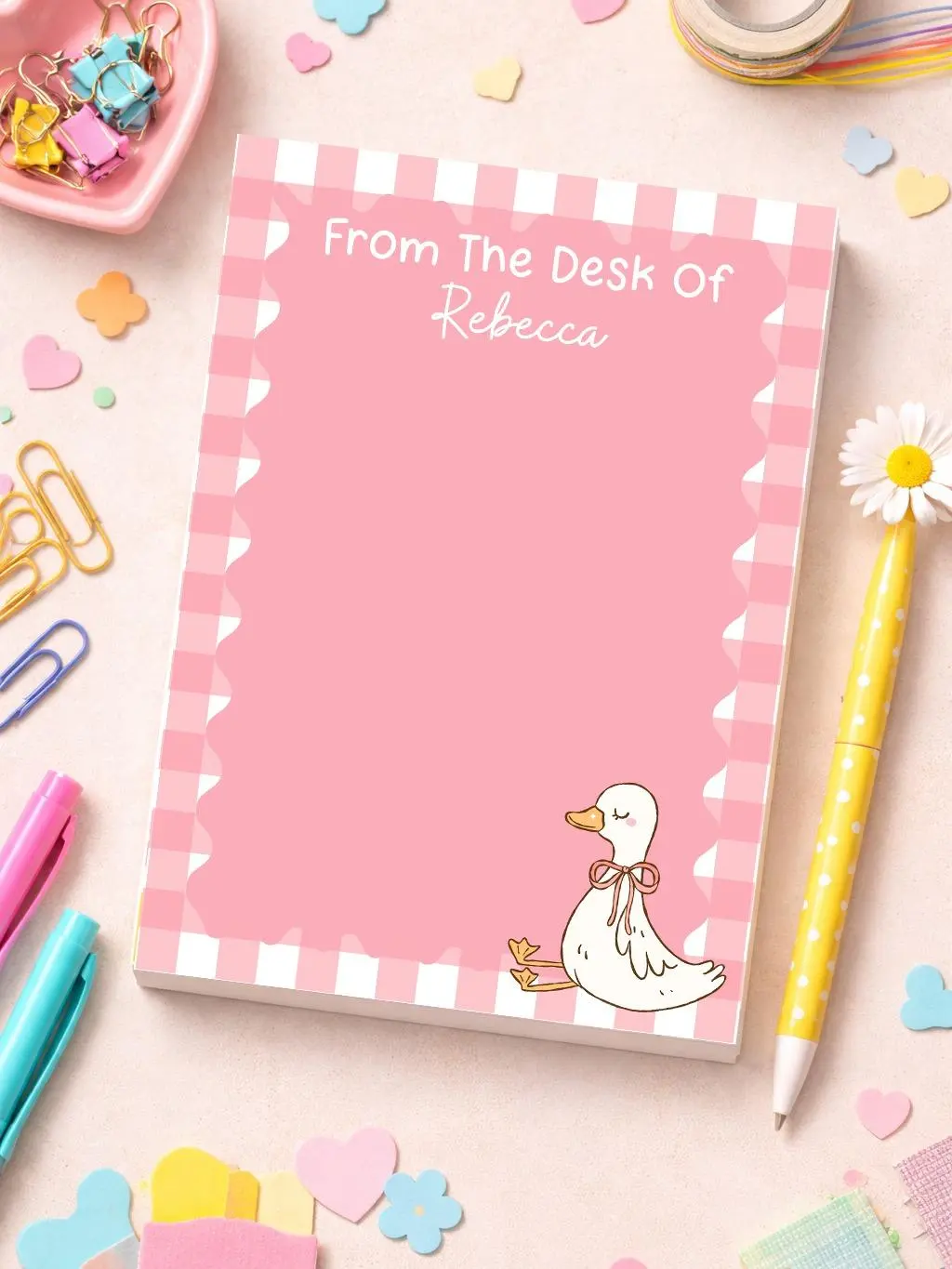 Personalized Goose Notepad | Custom Name 5x7 Memo Pad | 50 Page Cute Pink Gingham Stationery Blank Paper Journal Student Stationary