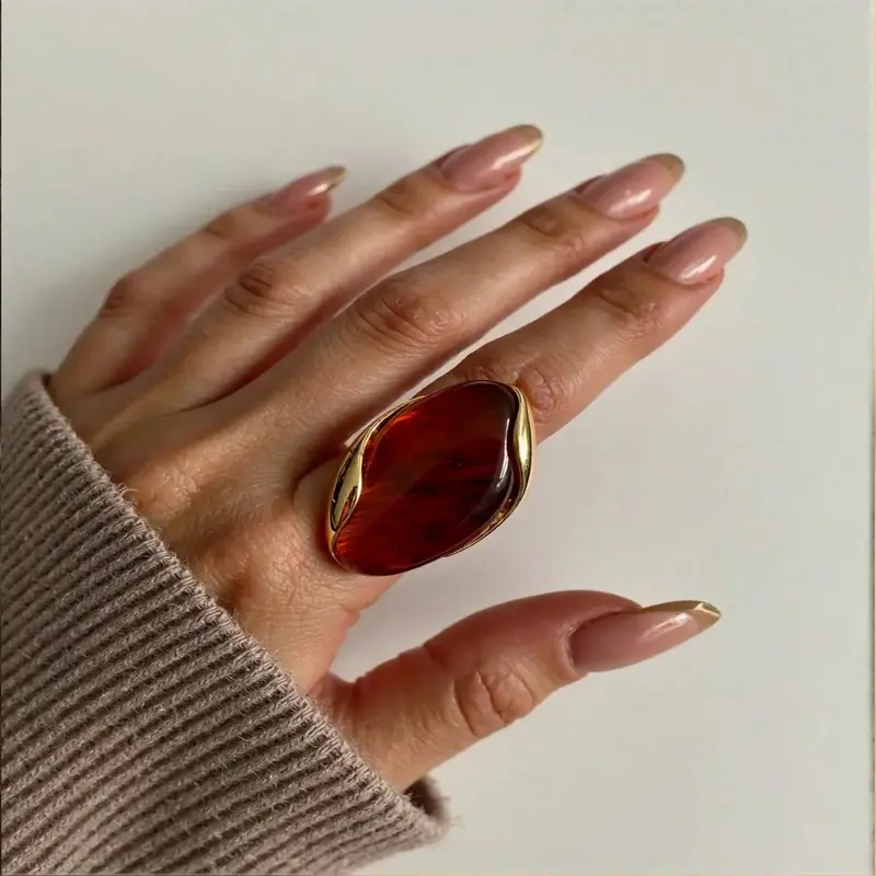 Stainless Steel Geometric Resin Ring 18K Gold Plated - Modern Geo Shape, Steel‑Solid Base, Fashion Daily Women's Ring for Everyday, Casual & Party Wear, Gold-Tone Shine