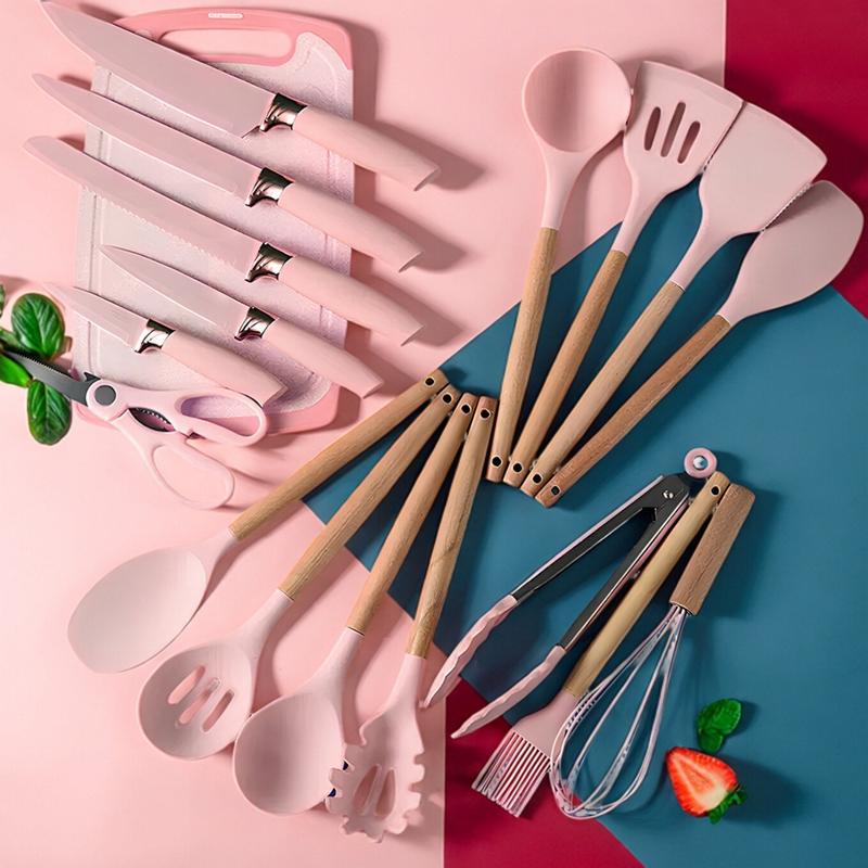 19-Piece Kitchen Knife Set (Including Heat-Resistant Silicone Cutlery and Equipped with Wooden Handles)Comes with 2 chef's knives and knives compatible with non-stick cookware, easy to clean and maintain. Perfect for Christmas gifting White Kitchenware