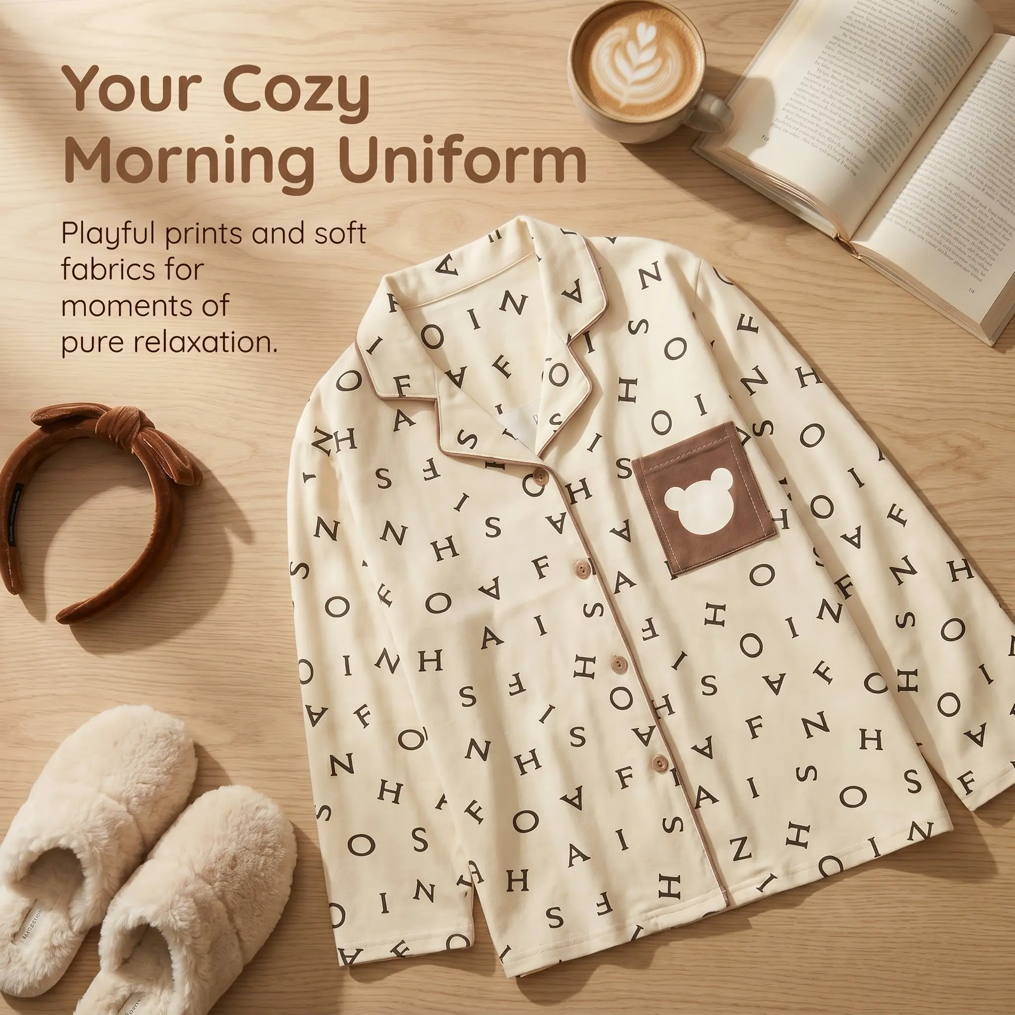 Women's 2-Piece Chic Aesthetic Preppy Boxy Loungewear Set - Alphabet Print Long-Sleeve Pajamas, Soft Fabric Button-Down Top with Cute Bear Pocket, Elastic Pants, Fall Winter College Dorm Nightwear, Knit, Pajamas Sets, Matching Pajamas Sets