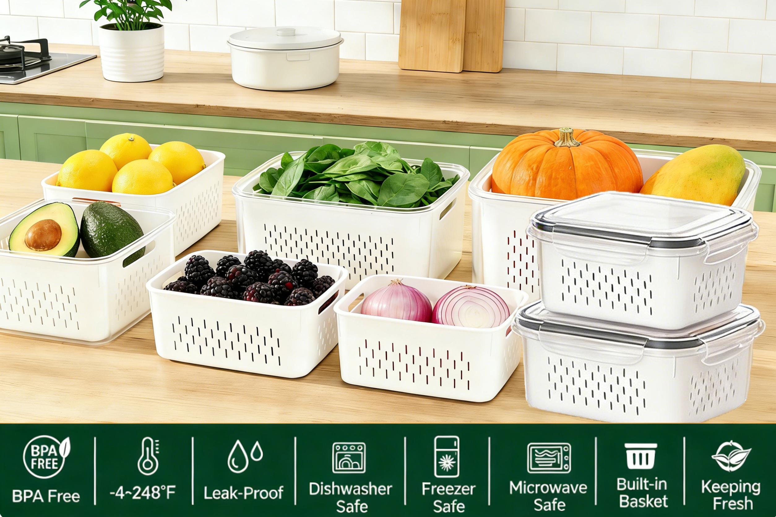 16 pcs Fruit Storage Containers (8 Colanders & 8 Storage box) for Fridge with Removable Colander, Airtight Food Storage Container Organiser Set Utensils with Lids Kitchen Stackable 16 pcs Fruit Storage Containers (8 Colanders & 8 Storage box) for Fridge with Removable Colander, Airtight Food Storage Container Organiser Set Utensils with Lids Kitchen Stackable