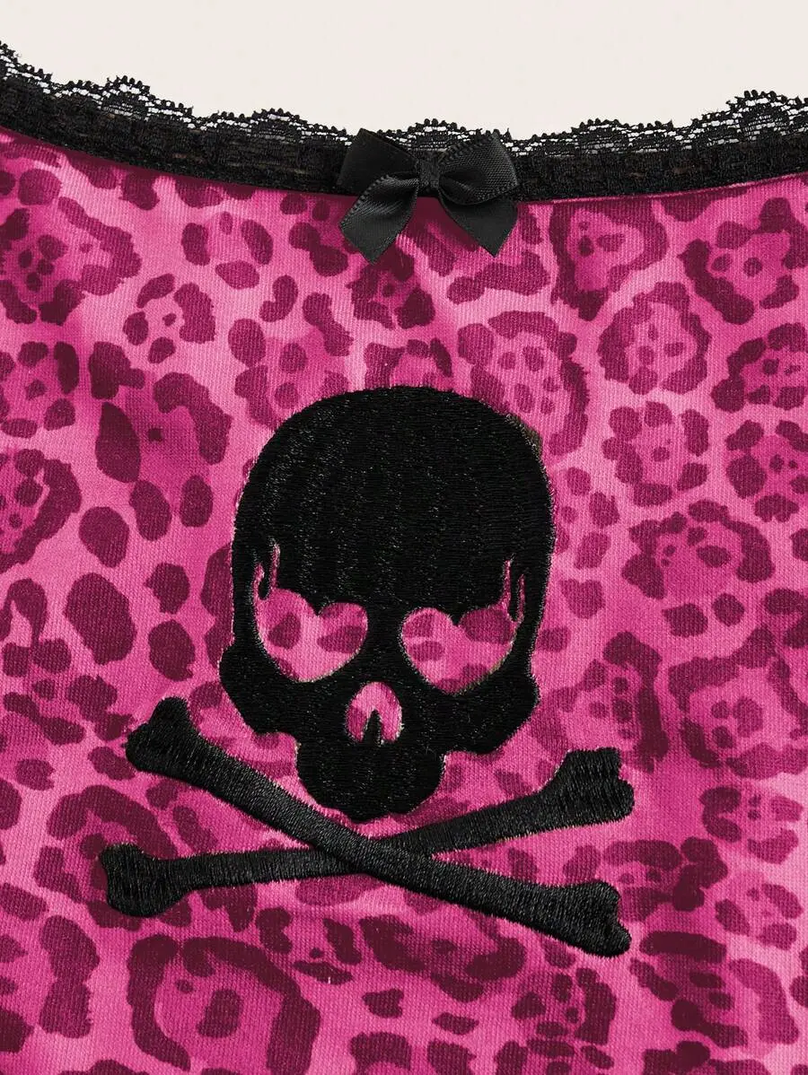 Kawaii Y2K Style Abby PUNK Pink Leopard Lace & Skull Embroidered