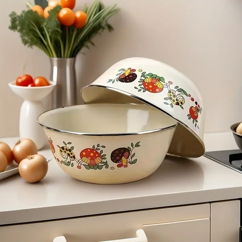 3-Piece Durable Enamel Bowls Set, Vintage Floral Design, Reusable & Dishwasher Safe, Ideal for School, Camping, Picnics, Holidays, Salad Serving Bowls, Durable Kitchenware, Fruit Salad Bowls