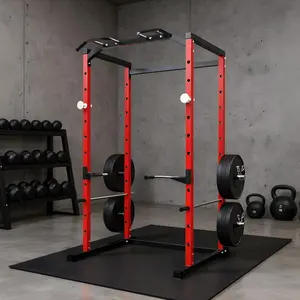 Heavy Duty Power Cage Squat Rack for Home,1100 LB Capacity Power Rack with Pull-Up Bar, Dip Bars, j-Hooks Adjustable Safety Bars Spotters Squat,Red