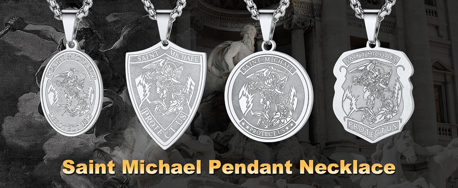 Michael Necklaces for Men Women Stainless Steel 18K Gold Plated Biblical Archangel Jewelry Round/Oval/Shield Medal Pendant with 22" Box Chain Patron Saint Michael Necklace Michael Necklaces for Men Women Stainless Steel 18K Gold Plated Biblical Archangel Jewelry Round/Oval/Shield Medal Pendant with 22" Box Chain Patron Saint Michael Necklace