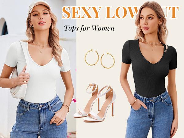 Women's Deep V Neck Tops for Women Sexy Low Cut Summer Ribbed Knit T Shirts Slim Fit Stretchy Basic Fashion Tee