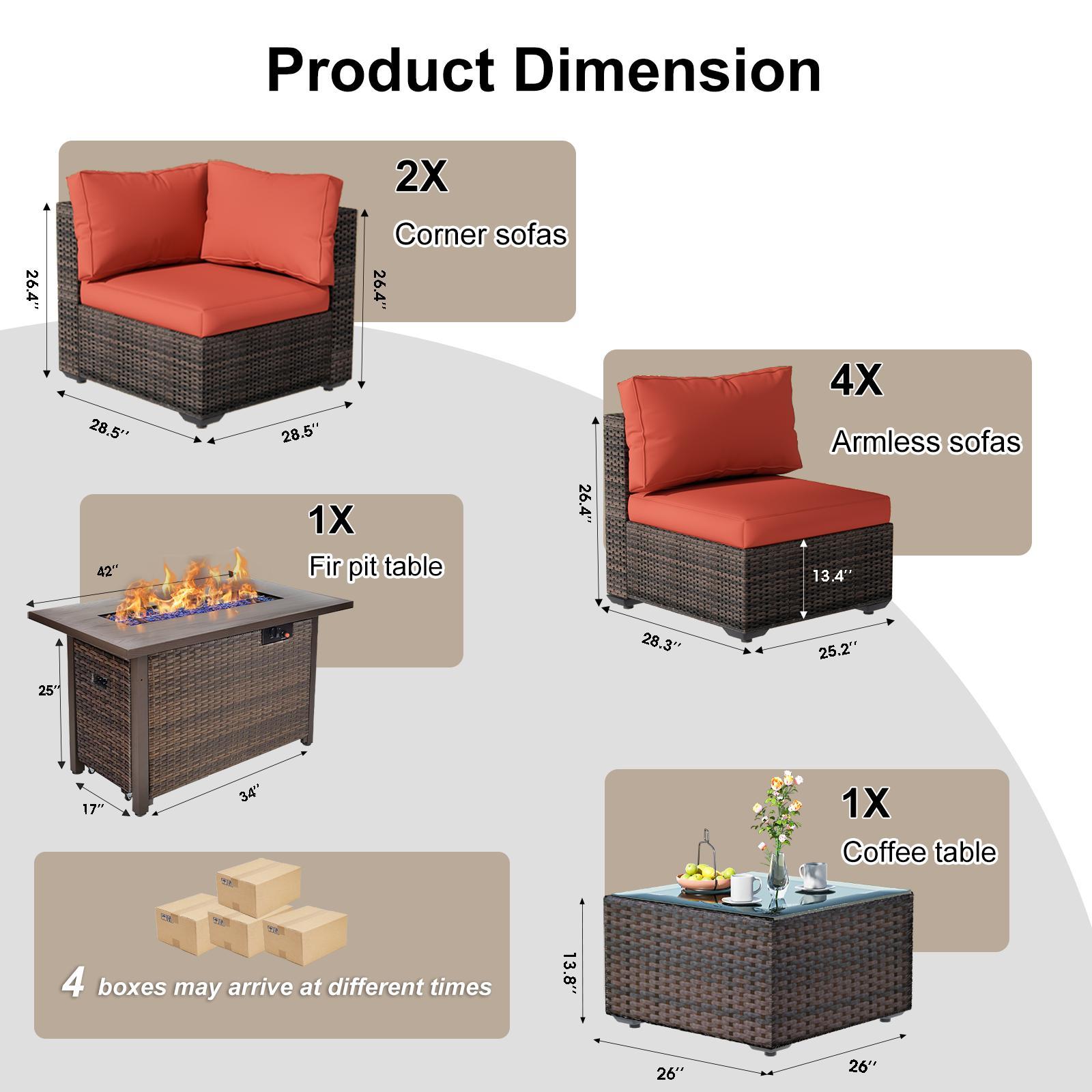 Gaptainer 8 Piece Patio Furniture Set with Fire Pit Table All Weather PE Rattan Outdoor Sectional Sofa Couch with No-Slip Cushions and Glass Top Table for Garden,Poolside,Backyard