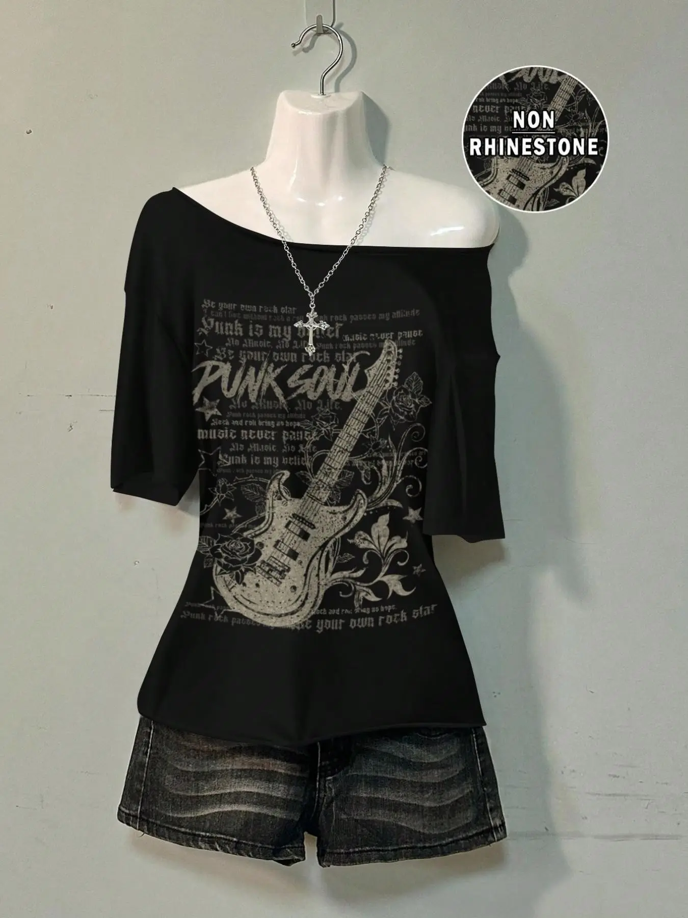 Punk Soul Guitar Graphic T-Shirt for Women, Off-the-Shoulder Oversized Casual Tee, Non-Rhinestone Vintage Cotton, Grunge Rock Y2K E-Girl Streetwear, Retro 90s, Indie Aesthetic, Fashion, Edgy Street Style, Distressed Print, Music Lover Top, Cyber Grunge
