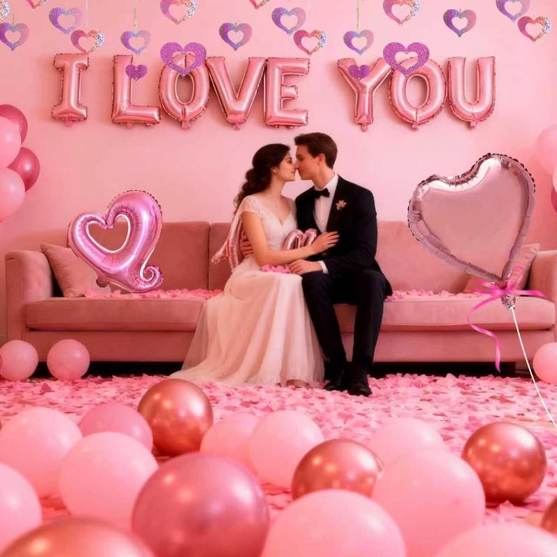 Valentines Day Balloons Kit with I Love You Balloons, 1000pcs Rose Petals and Heart Hanging for Anniversary Wedding Romantic Decorations Special Night