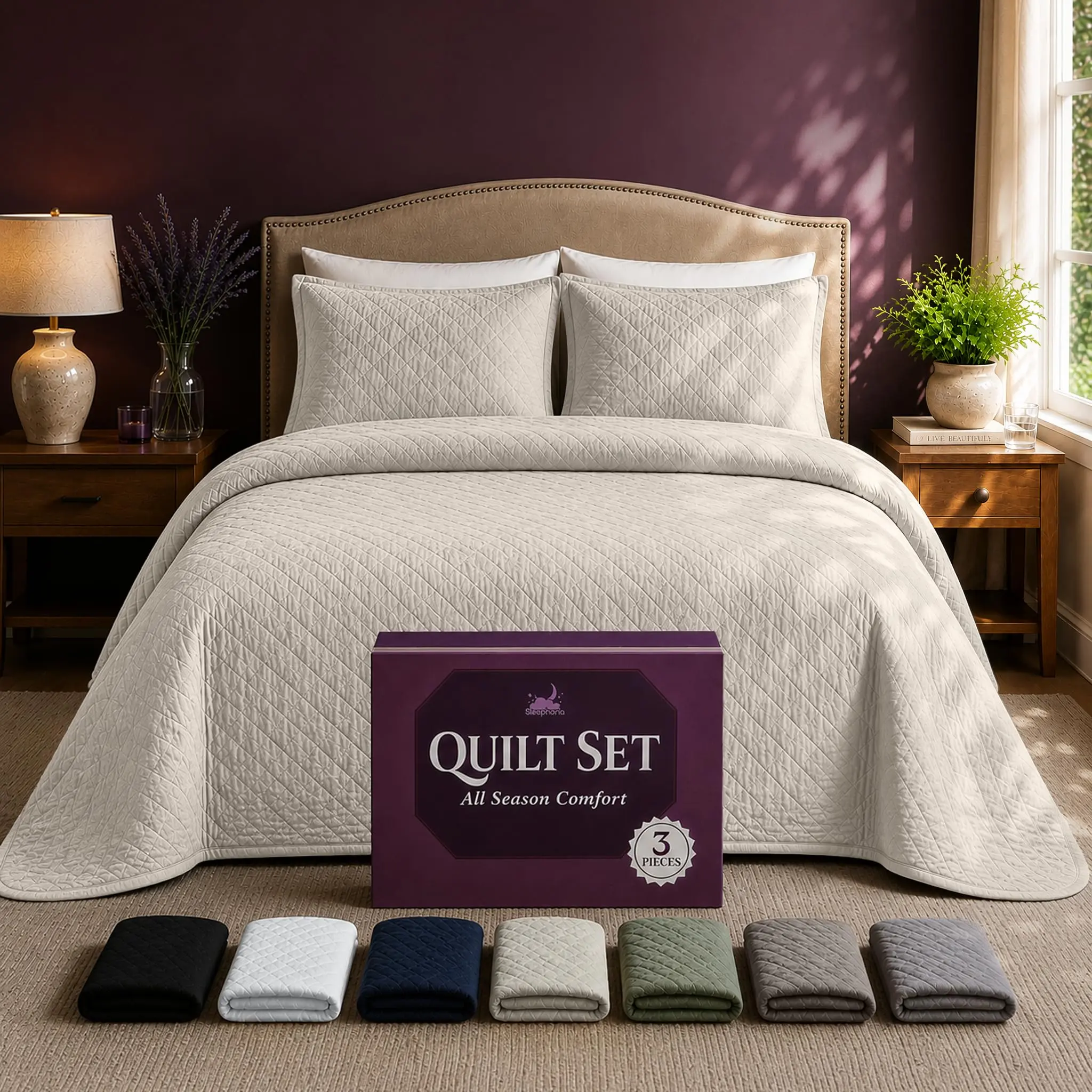 SLEEPHORIA Quilt Set with Shams, Sleephoria Reversible Bedspread Coverlet Set, Lightweight All Season Quilt, Soft Microfiber Diamond Quilted Bedding, Machine Washable
