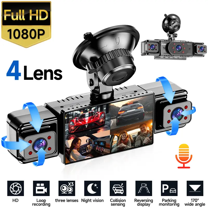4-Channel Dash Cam DVR for Cars, Loop Recording, 1080P Full HD Front + 720P Side/Rear Cameras, Super Night Vision, G-Sensor, Snap Mount, Knob Type, Cells Charging, Free 64GB Micro SD Card, Reduces Blind Spots, Safer Driving, Minivan Compatible