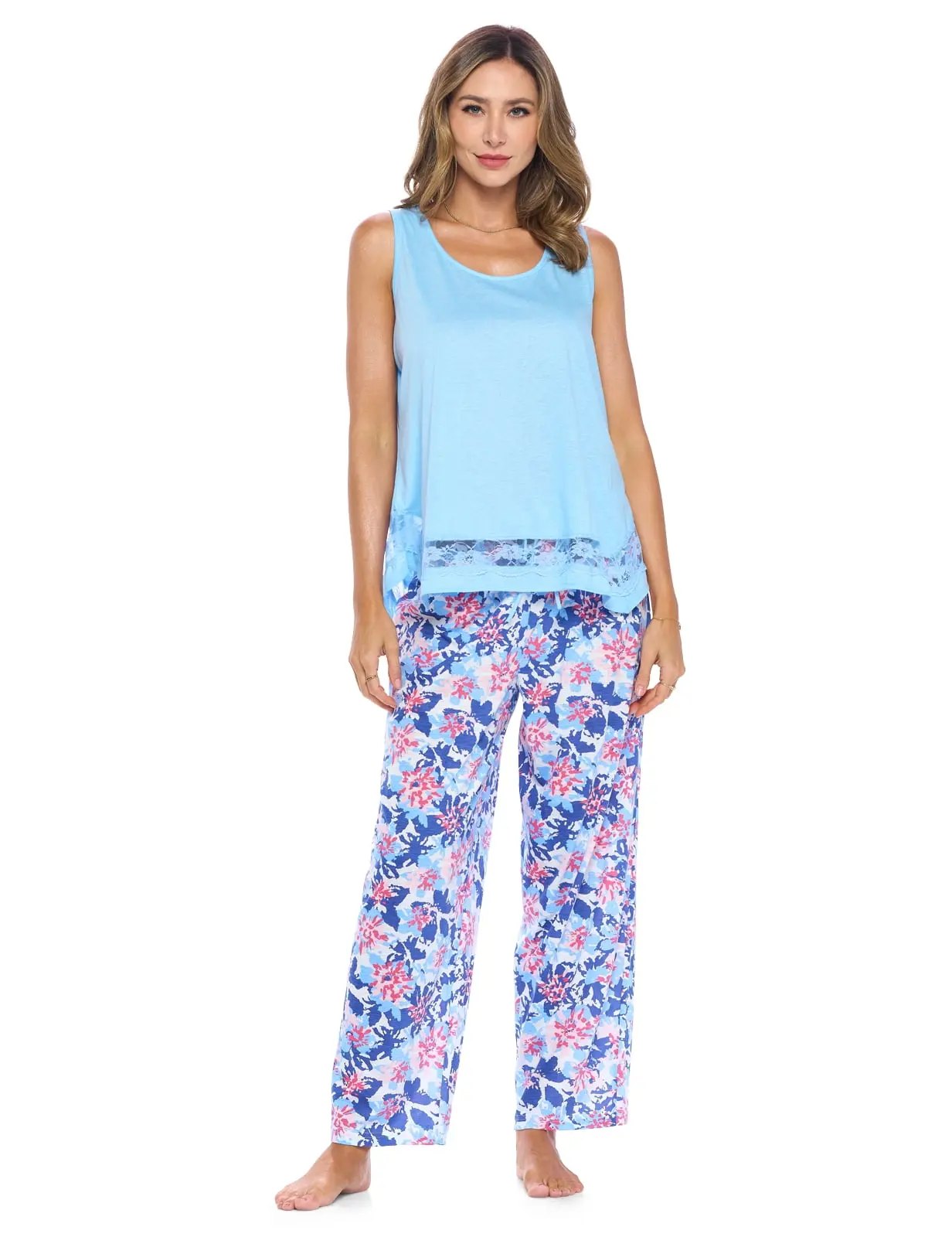 Casual Nights Women's 2-Piece Printed Knit Pajama Set, Lightweight Pullover Nightwear with Matching Lace Trim Tank Top, Bottom, Pants, Comfortable, Fit, Ladies, Sleeveless, Elastic, Scoop Neck, Loose Fit, Teen Girls, 3X