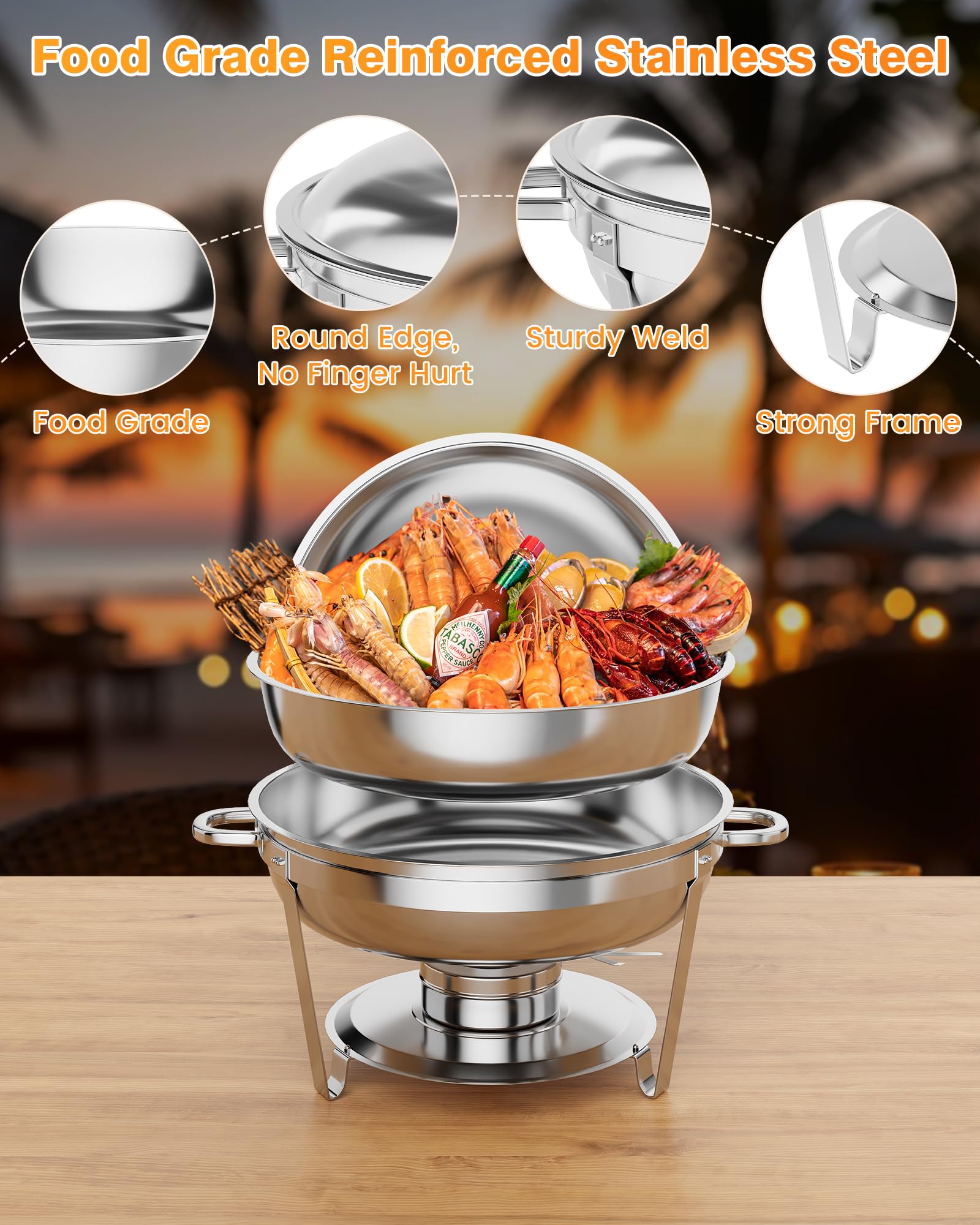 【GARVEE】Professional Stainless Steel Chafing Dish 5QT Round Buffet Server & Warmer Rust Resistant Casserole Cooking Container 2 4 or 6 Pack Options