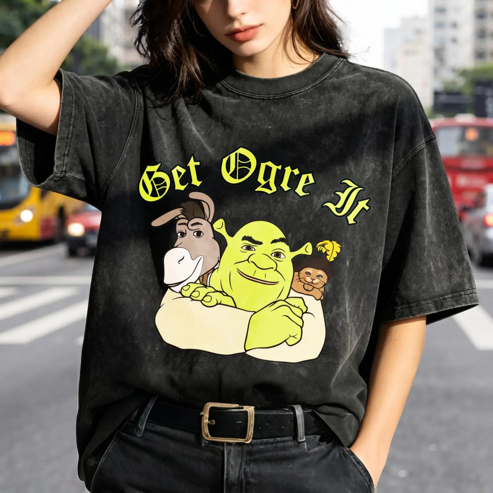 Women's Breathable Oversized Loose Round Neck Soft Shrek Graphic T-Shirt - Vintage Washed, Short Sleeve, Flat Fit Streetwear Top, Ideal for Day Outdoor Casual Wear, Pairing with Skirts, Ogre Donkey Puss Inspired
