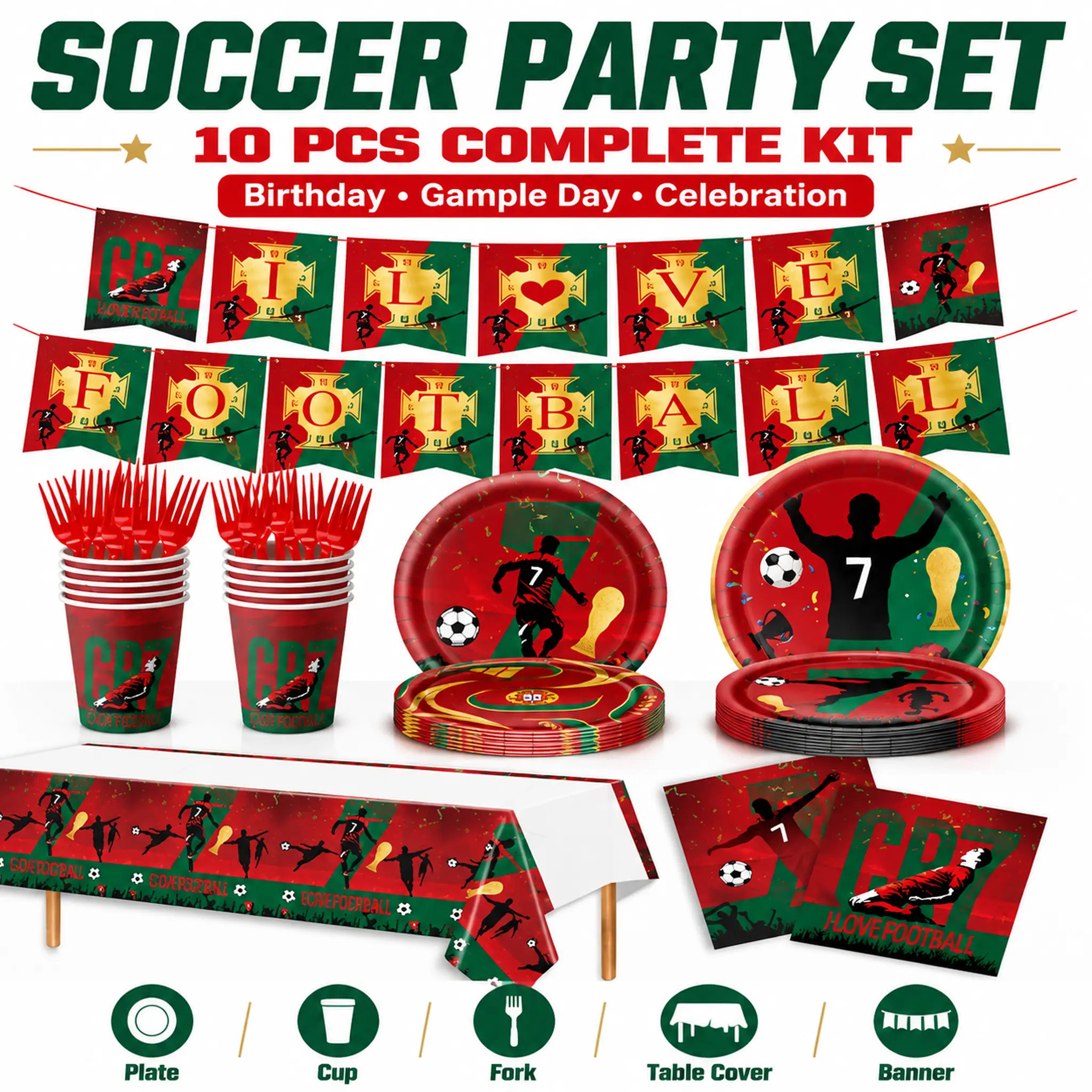 10-Piece Cristiano Ronaldo Themed Party Tableware Set (Red & Green Color Scheme): Includes Paper Plates, Cups, Forks, and Tablecloth; Features Designs Such as Soccer Balls, National Flags, and USA-Canada-Mexico Themes—Ideal Party Decorations and Supplies.