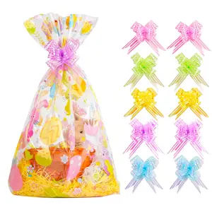 40pcs Easter Cellophane Bags Pull Bow Set 20pcs Easter Basket Bags Wine Bottles Cellophane Wrap Perfect for Gift, Presents with 20pcs Pull Bows (16x24 inch)