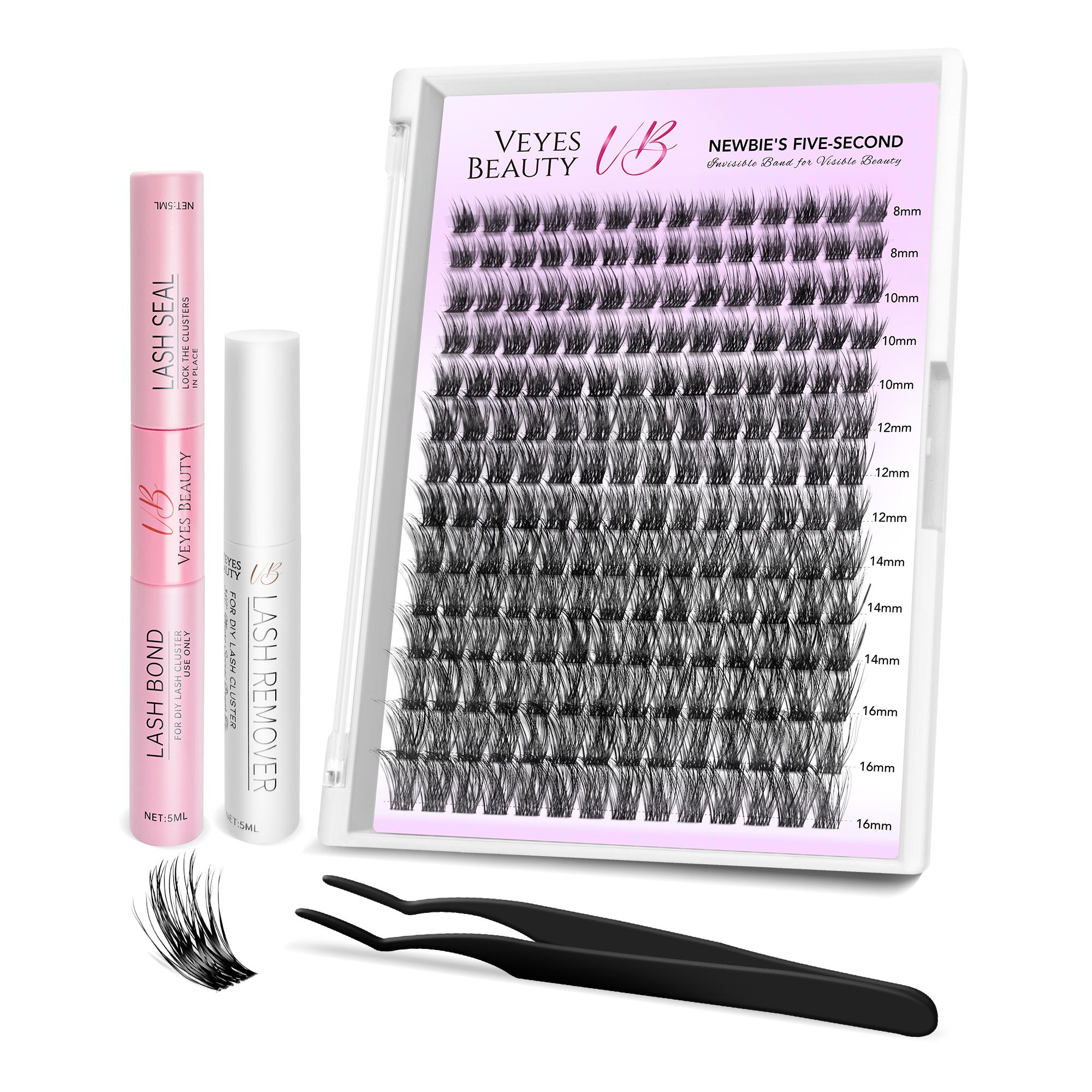 VEYESBEAUTY Dreamy Cluster Lashes Kit Individual Lash Extensions With Bond & Seal+ Tweezer Newbie's Five-Second DIY Dramatic Volume Eyelash Wispy Faux Mink Lash Mixed Length Tray for Self Application at Home Makeup Cosmetic