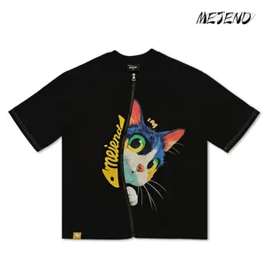 MeJend Zipper Short Sleeve T-Shirt, Creative Graphic Print, Novelty Tee, 12oz Heavyweight Cotton, Couple Outfit, Summer Layering, Cat Graphic Unisex