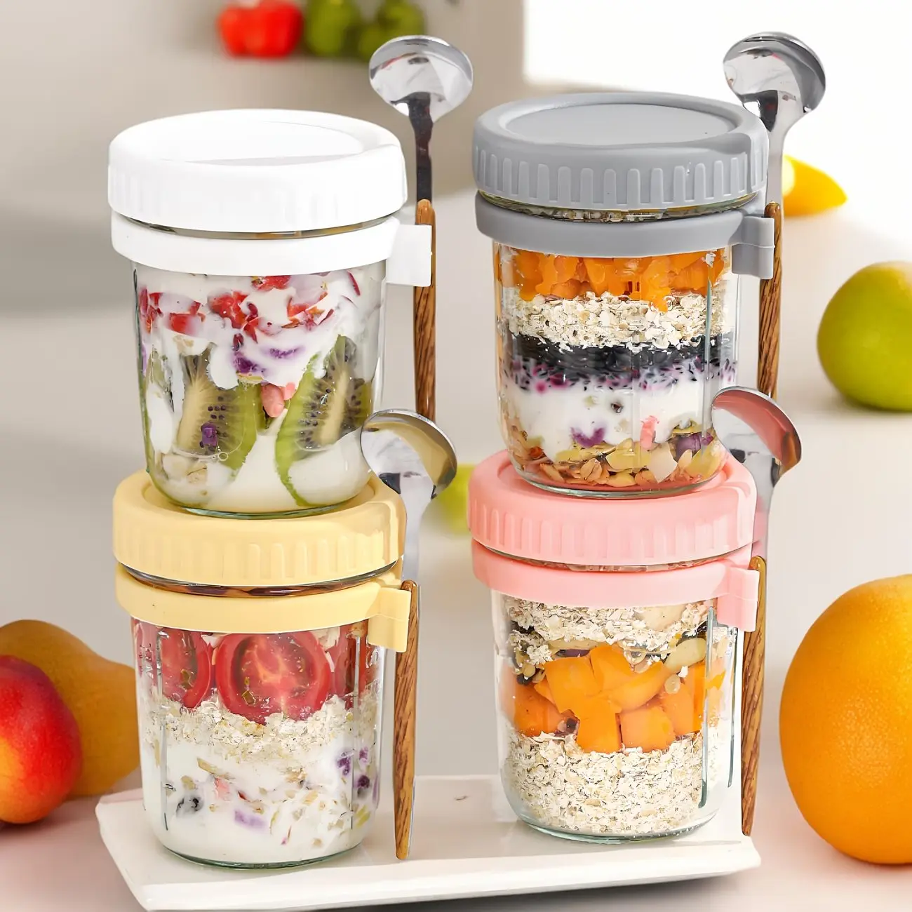 350ml Stackable Glass Overnight Oats Jar for Fridge Storage with Leakproof Silicone Lid & Side Spoon Clip, Scaled Wide Mouth Yogurt Cup, Dishwasher Safe Reusable Container for Office Gym Picnic Batch Meal Prep White Gray Pink