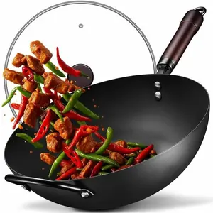 Wok, 13 Inch carbon steel woks & stir-fry pans nonstick, Pre-Seasoned 5.8QT Flat Bottom Chinese Wok Paella Pan with lid, Carbon Steel Cookware, Compatible with All Cooktops