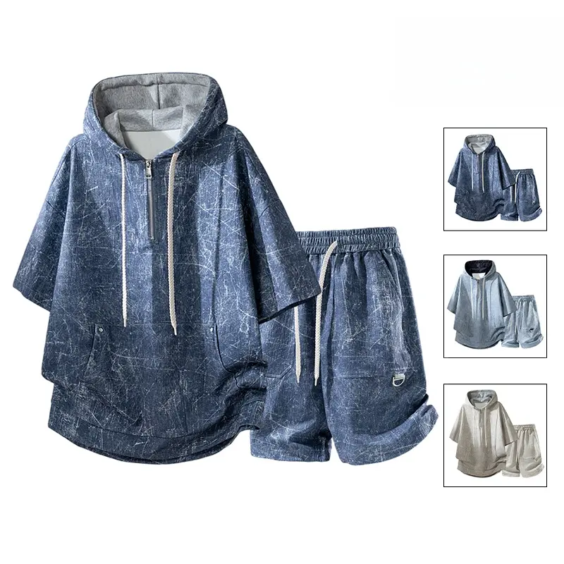 Men’s hooded short-sleeve set for summer—loose, casual tie-dye two-piece outfit with a cool, stylish look; trendy clothing with a casual, comfortable style and high quality. Short-sleeve sweatshirt, half-zip kangaroo pocket #SummerWins