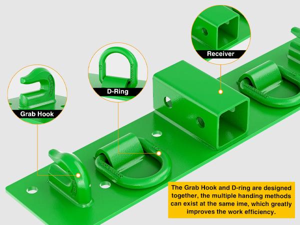 Nilight 3/8" Tractor Bucket Grab Hooks with 1/2" Tie Down Ring and 2" Receiver Grade 70 Forged Steel Bolt-On for John Deere Compact Tractor Bucket RV UTV Truck Max 4700LBS, Green Parts Vehicle Plate