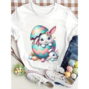 Easter Bunny Egg T-shirt Adorable Baby Rabbit In Shell Tee Spring Holiday Celebration Gift Idea For Kids Family Pastel Design Cute Animal Lover Apparel Fun Egg Hunt Top