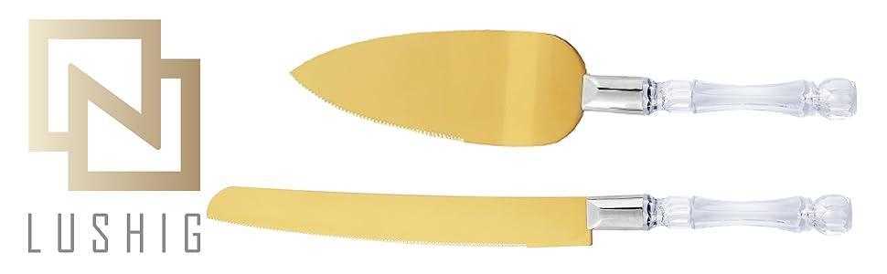 Cake Knife and Server Set, Cake Cutter and Pie Spatula, Gold Blade and Faux Crystal Handle Wedding Cake Cutting Set, Stainless Steel Gold Knife Set for Party, Birthday, and Anniversary