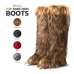 Fur Knee High Boots For Women Round Toe Flat Heel Pull On Comfortable Warm Boots Fashion Party Dress Fluffy Furry Trendy Womens Boots Valentine Shoes