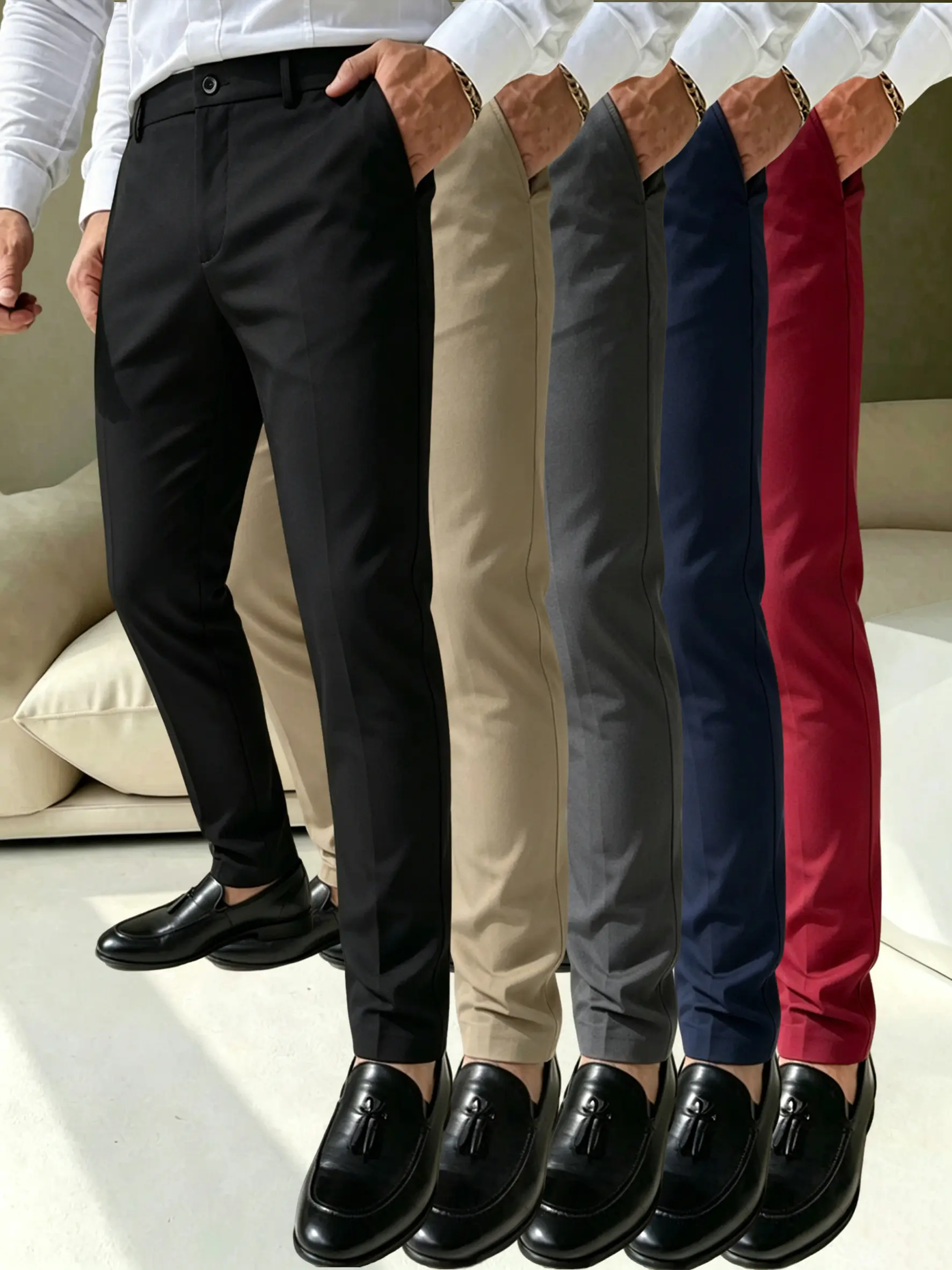 Men’s business casual dress pants, slightly stretchy fabric, slim fit for a slimming look, half elastic waistband