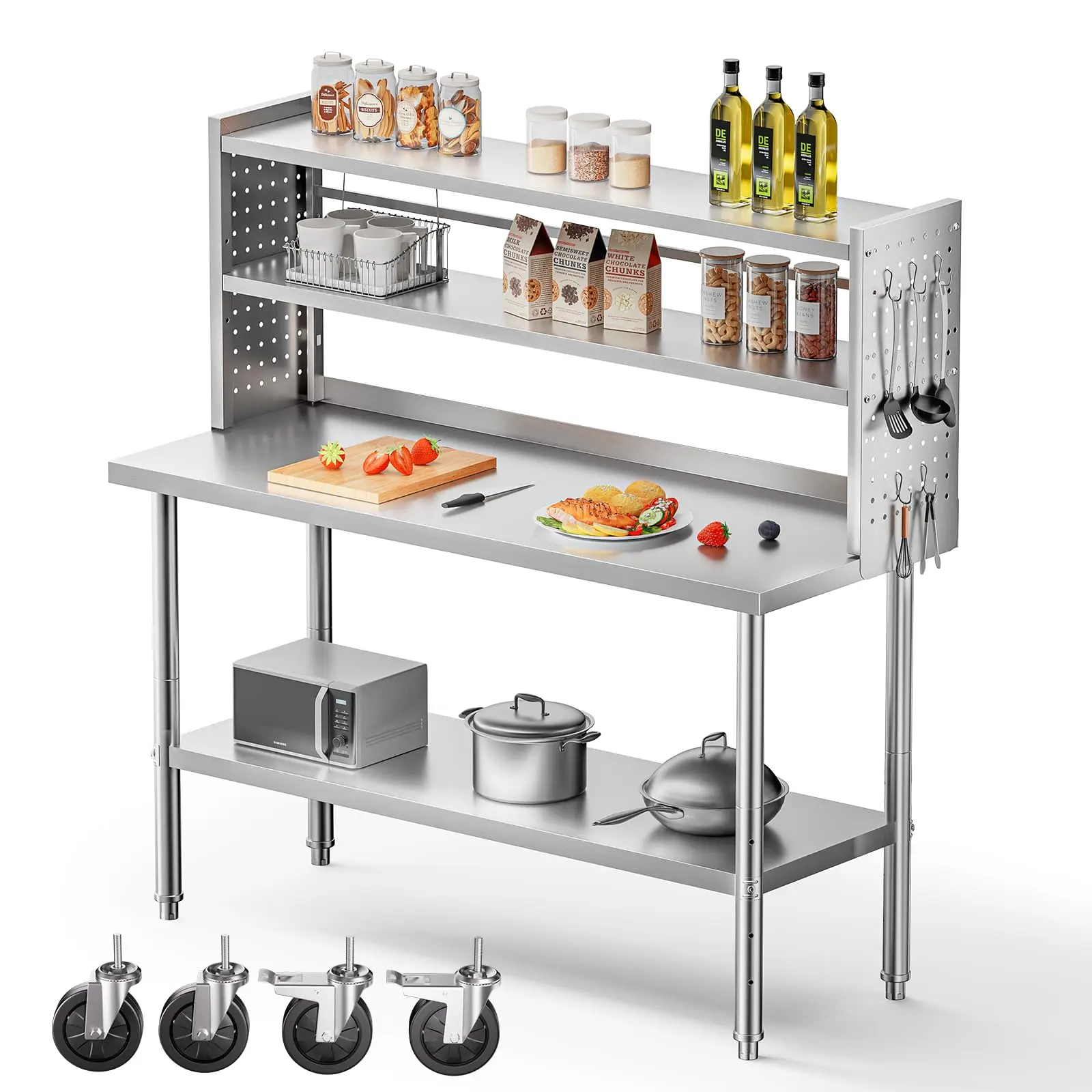 【Back To School】CAMMOO NSF All Stainless Steel Table with Adjustable Shelf & Pegboard Panels & Casters, Kitchen Prep Table Commercial Heavy-Duty Worktable with Large Space Storage for Restaurant Garages campingessentials