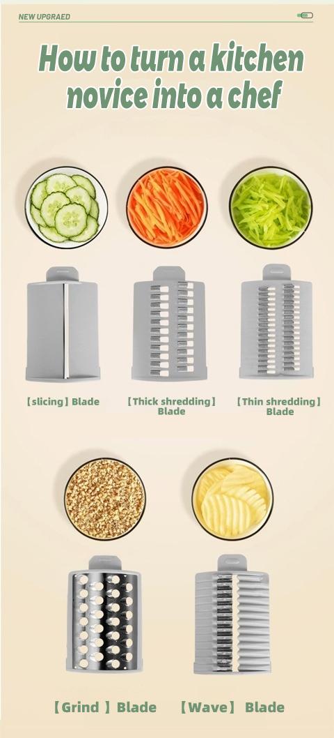 ONAIL Rotary Cheese Grater with Handle, 5+1 Six Well-Designed Blades, Strong Suctuon Cup Base, Kitchen Springtok Utensils Springtok