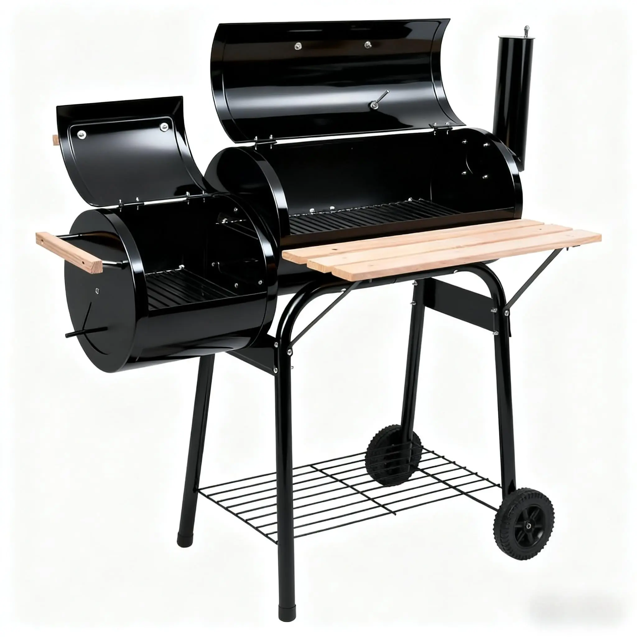 Portable Offset Charcoal Smoker, Outdoor BBQ Burner with Thermometer, Wood Shelf, Wooden Handles, and 2 Wheels - 44.1 x 25.1 x 44.7 inches, Barbecue, Steel, Easy To Use, Instruction Manual