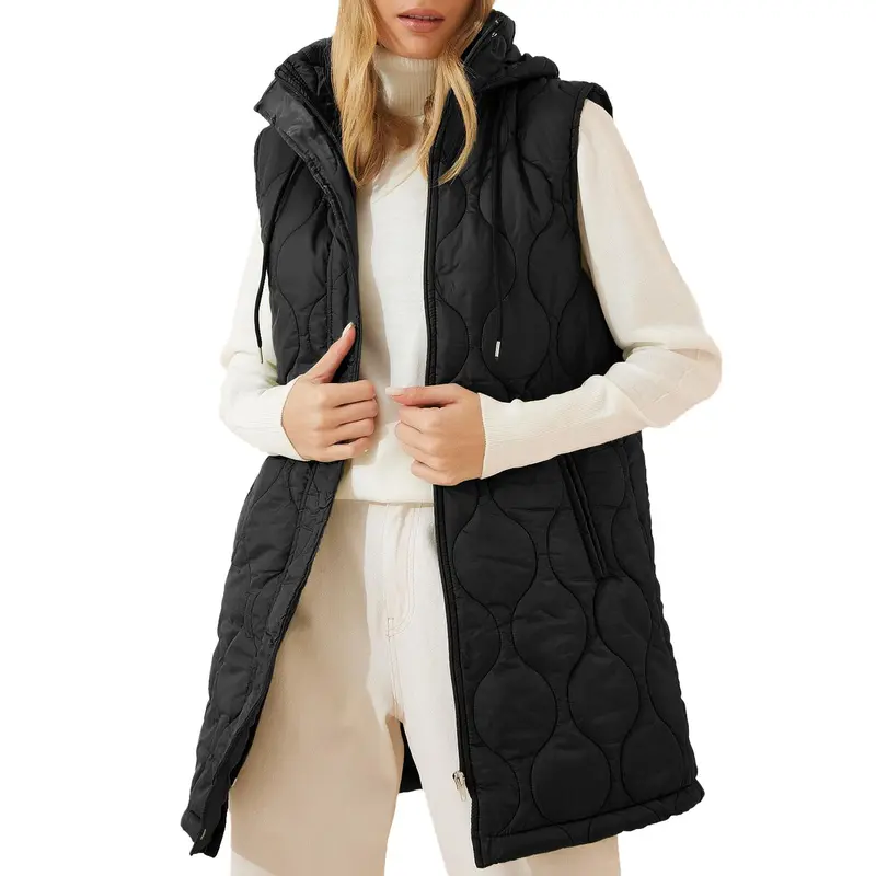 EVALESS Women's Chic Long Quilted Puffer Vest - Mock Neck, Sleeveless Zip-Up Hooded Quilted Jacket with Chain, Loose-Fit Lightweight Outerwear for Fall Winter, Minimalist Clean Silhouette, Sleeveless Freedom, O-Type Design