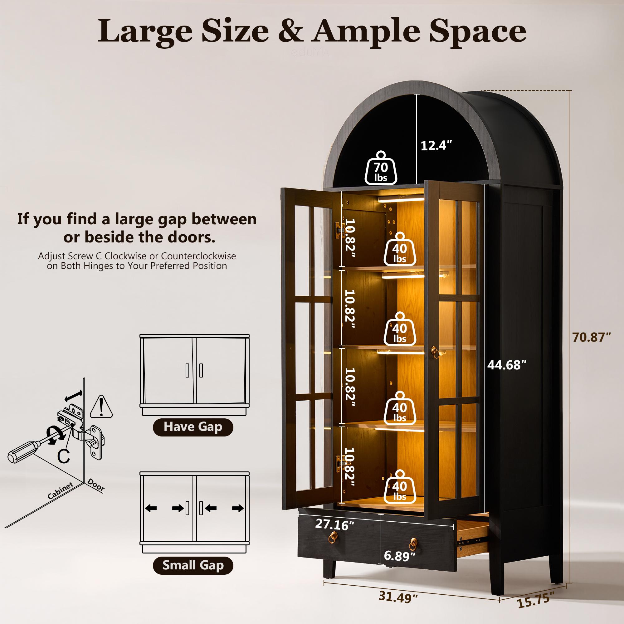 【Stock Up Sale】Ovios 71" Tall Arched Kitchen Pantry with Glass Door & Magnetic LED Lights, Modern Farmhouse Deep-Drawer Livingroom Storage Cabinet, Eco Wood Panel, Cupboard for Kitchen/Dining/Bathroom/Toy