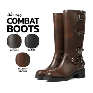 Combat Boots For Women Round Toe Metal Buckle Chunky Block Heel Pull On Western Cowboy Cowgirl Boots Retro Party Punk Rave Rocky Concert Festival Motorcycle Booties