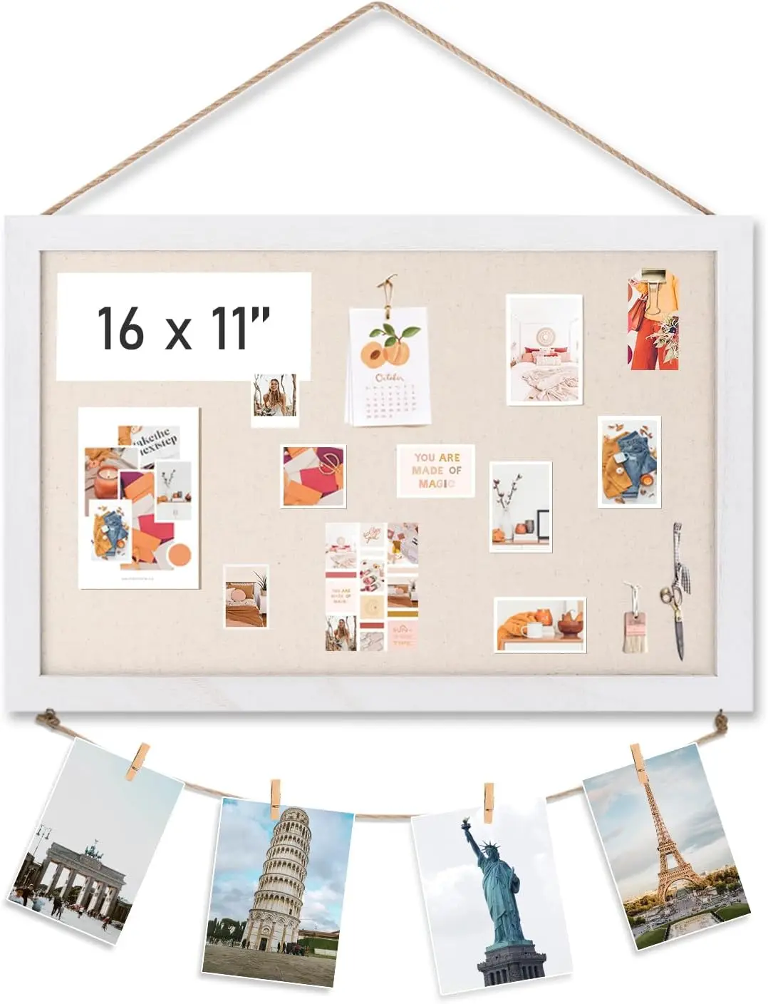 Cork Board Bulletin Board for Wall, Home Kitchen School Office Pin Display Board, 16 x 11 Inch White Solid Wood Frame Linen Surface, Small Wall Mounted Memo Notice Photo Vision Board with Linen Ropes and Wooden Clips