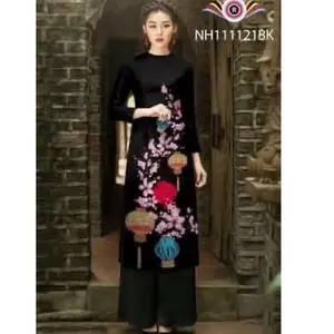 Set Traditional Vietnamese Black with Peach Blossom Ao Dai Cach Tan - Bộ áo dài in 3D cách tân - Ready to ship - Square neck