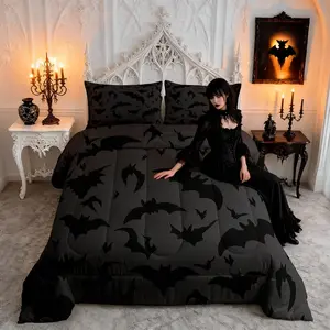 Bats Pattern Comforter Set,Kids Night Decor All Season Bedding Set,Teens Bats Comforter,Girls Black and Gray Decor Quilt Set