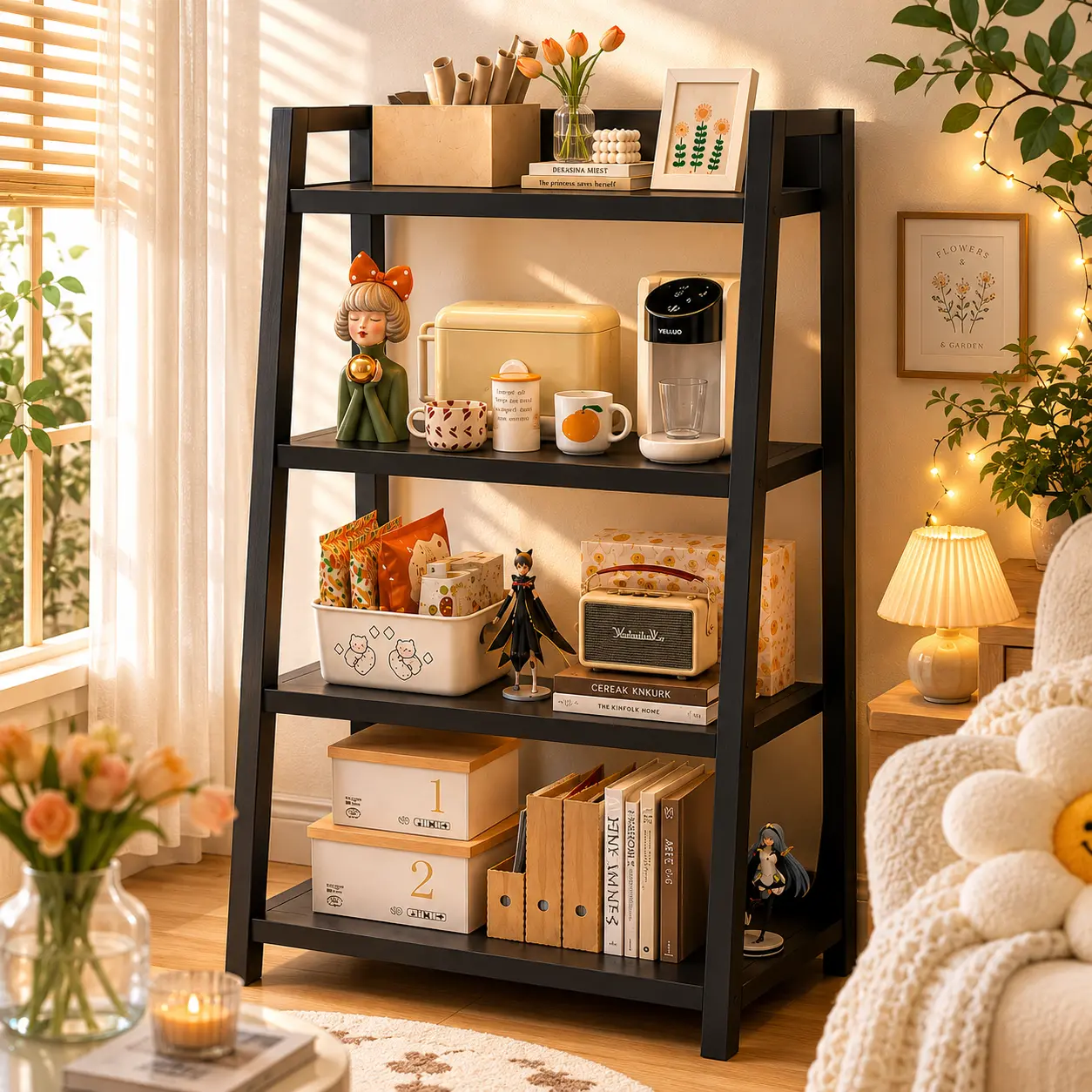4-Tier Load-Bearing Metal Bookshelf - Freestanding Space Saving Furniture, Moisture Resistant Industrial Living Room Decor Organiser, Photo Display Rack for Living Room, Office